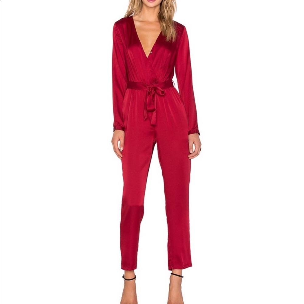 Deep v neck red satin jumpsuit size small